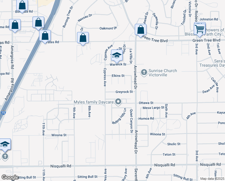 map of restaurants, bars, coffee shops, grocery stores, and more near 15940 Greyrock Street in Victorville