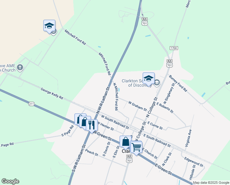 map of restaurants, bars, coffee shops, grocery stores, and more near 301 North Mitchell Ford Road in Clarkton
