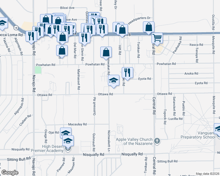 map of restaurants, bars, coffee shops, grocery stores, and more near 22230 Ottawa Road in Apple Valley