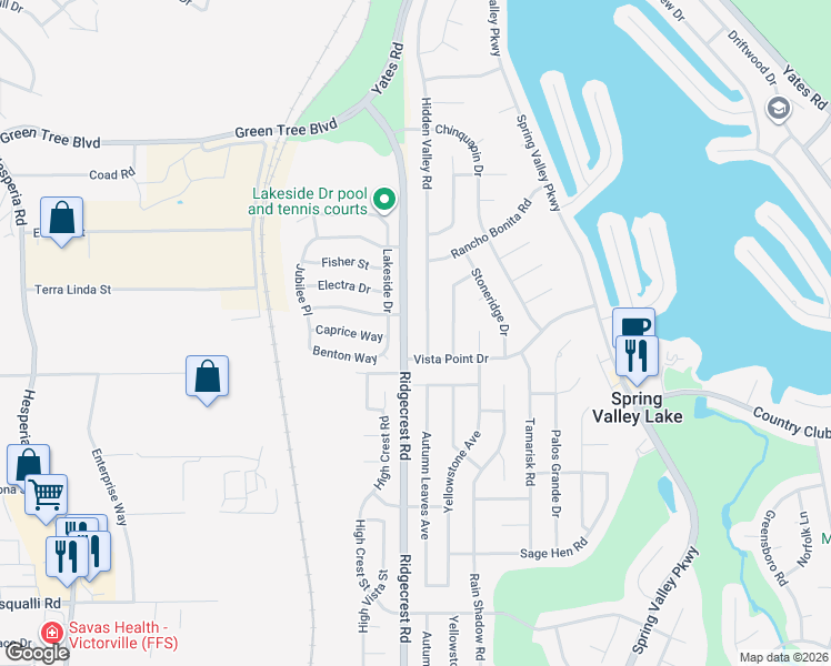 map of restaurants, bars, coffee shops, grocery stores, and more near 13353 Lakeside Drive in Victorville