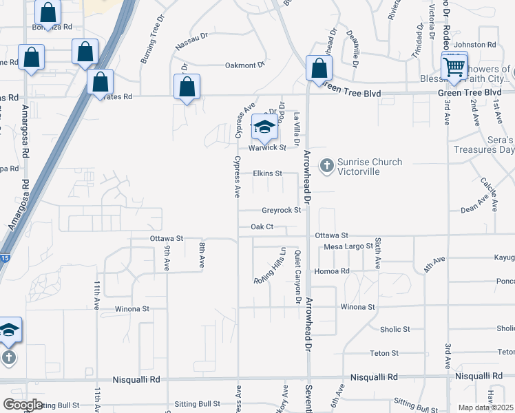 map of restaurants, bars, coffee shops, grocery stores, and more near 15988 Greyrock Street in Victorville