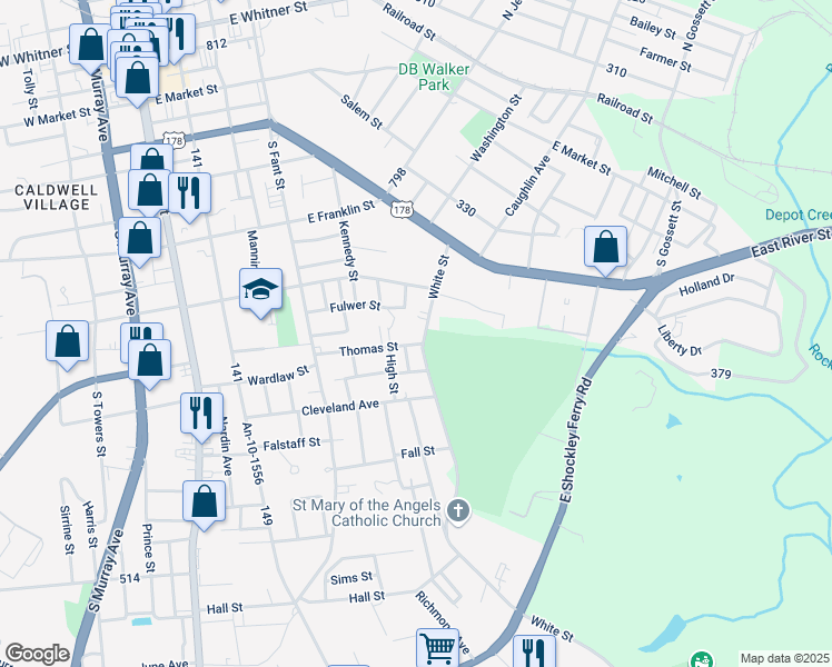 map of restaurants, bars, coffee shops, grocery stores, and more near 607 Thomas Street in Anderson