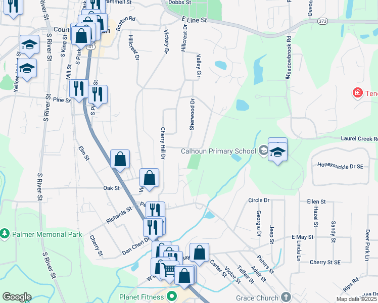 map of restaurants, bars, coffee shops, grocery stores, and more near 225 Woodland Drive in Calhoun