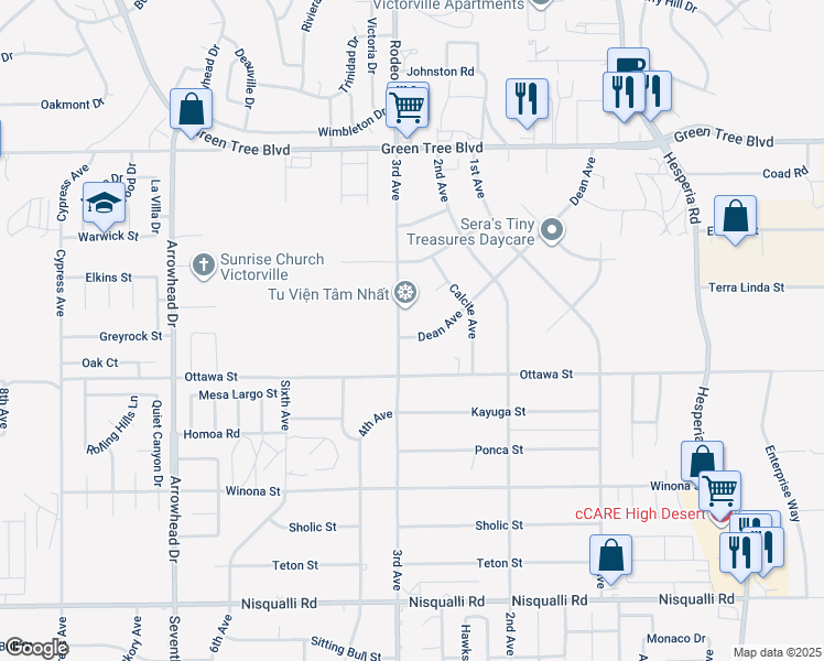 map of restaurants, bars, coffee shops, grocery stores, and more near 13350 Dean Avenue in Victorville