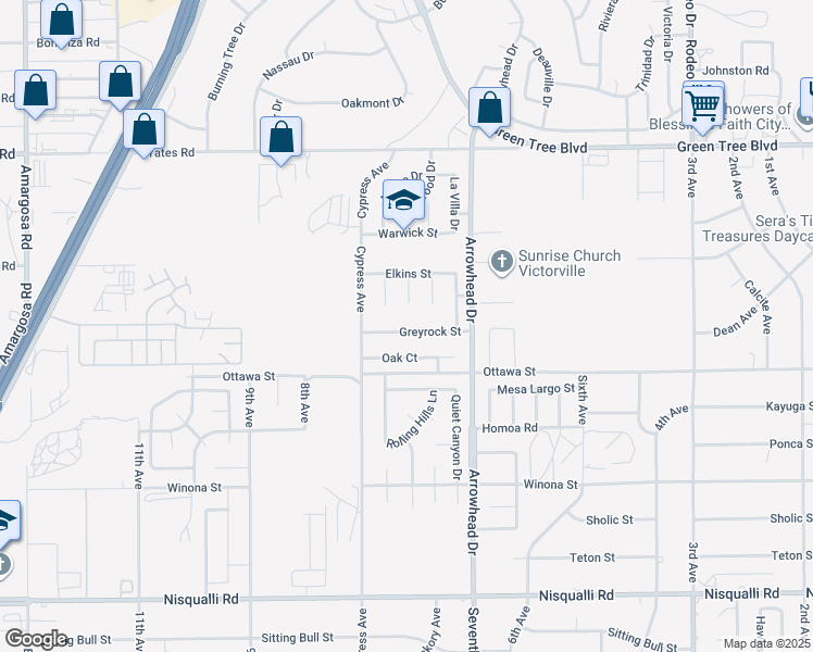 map of restaurants, bars, coffee shops, grocery stores, and more near 15988 Greyrock Street in Victorville
