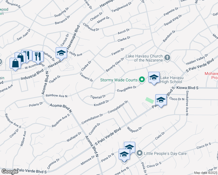 map of restaurants, bars, coffee shops, grocery stores, and more near 516 Knobhill Drive in Lake Havasu City