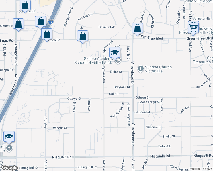 map of restaurants, bars, coffee shops, grocery stores, and more near 15914 Greyrock Street in Victorville