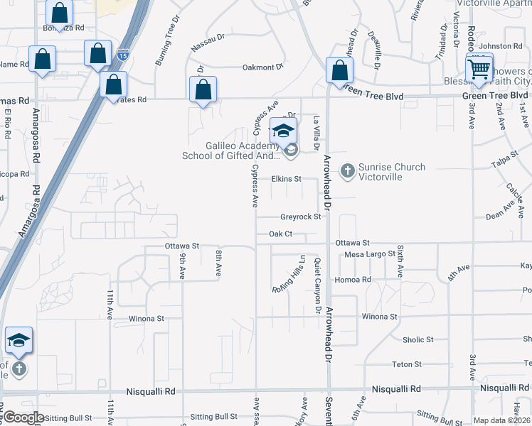 map of restaurants, bars, coffee shops, grocery stores, and more near 15926 Greyrock Street in Victorville