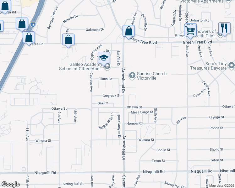 map of restaurants, bars, coffee shops, grocery stores, and more near 13382 Fawncreek Street in Victorville