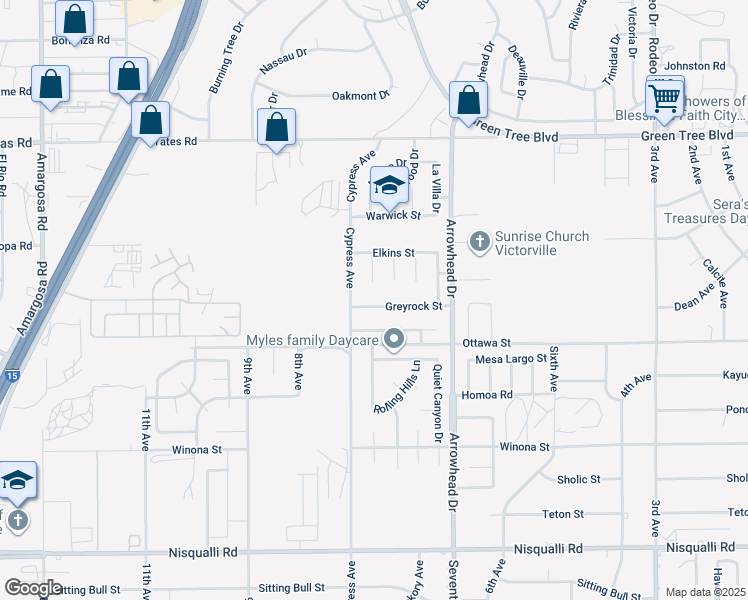 map of restaurants, bars, coffee shops, grocery stores, and more near 15940 Greyrock Street in Victorville
