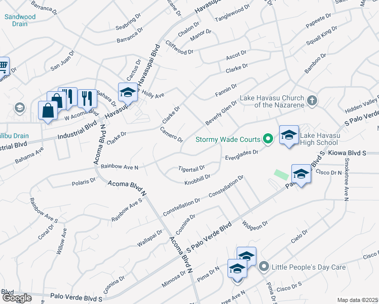 map of restaurants, bars, coffee shops, grocery stores, and more near 2324 Rainbow Avenue in Lake Havasu City