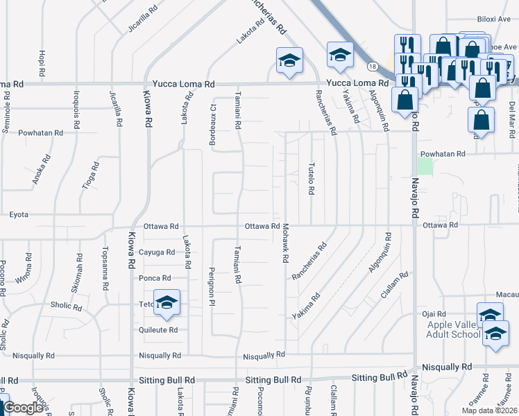 map of restaurants, bars, coffee shops, grocery stores, and more near 21266 Colombard Way in Apple Valley
