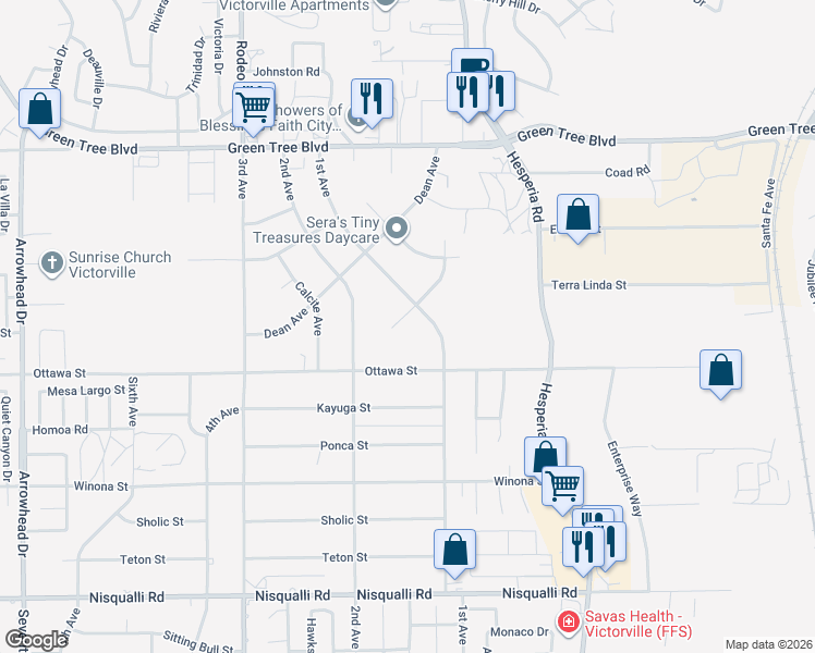 map of restaurants, bars, coffee shops, grocery stores, and more near 16789 Lambert Lane in Victorville