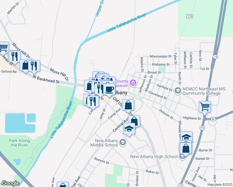 map of restaurants, bars, coffee shops, grocery stores, and more near 104 Highland Street in New Albany