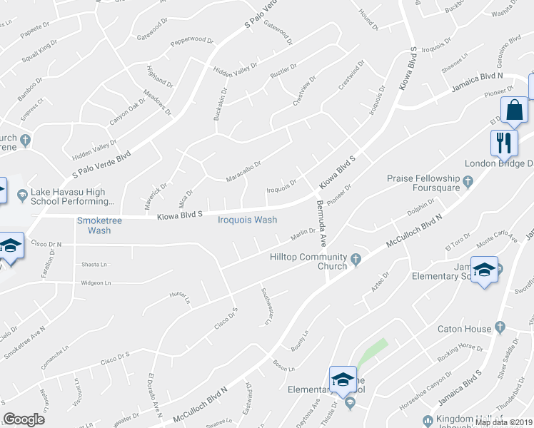 map of restaurants, bars, coffee shops, grocery stores, and more near 3056 Kiowa Boulevard South in Lake Havasu City