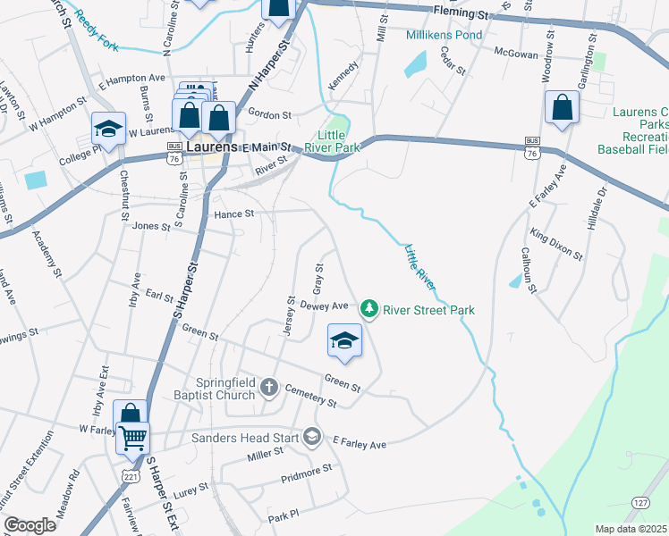map of restaurants, bars, coffee shops, grocery stores, and more near 418 River Street in Laurens