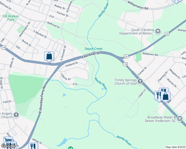 map of restaurants, bars, coffee shops, grocery stores, and more near 322 Liberty Drive in Anderson