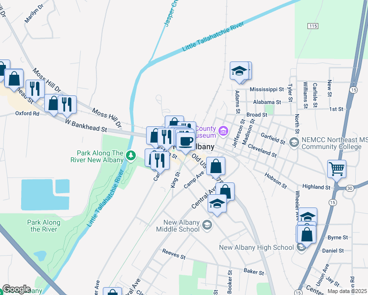 map of restaurants, bars, coffee shops, grocery stores, and more near in New Albany