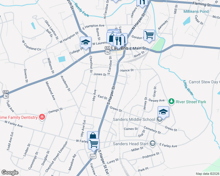 map of restaurants, bars, coffee shops, grocery stores, and more near 636 South Harper Street in Laurens
