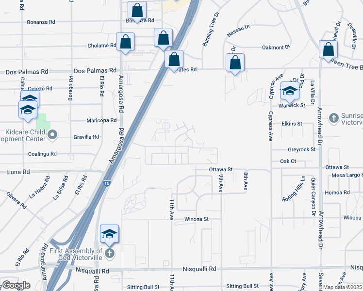 map of restaurants, bars, coffee shops, grocery stores, and more near 13393 Mariposa Road in Victorville