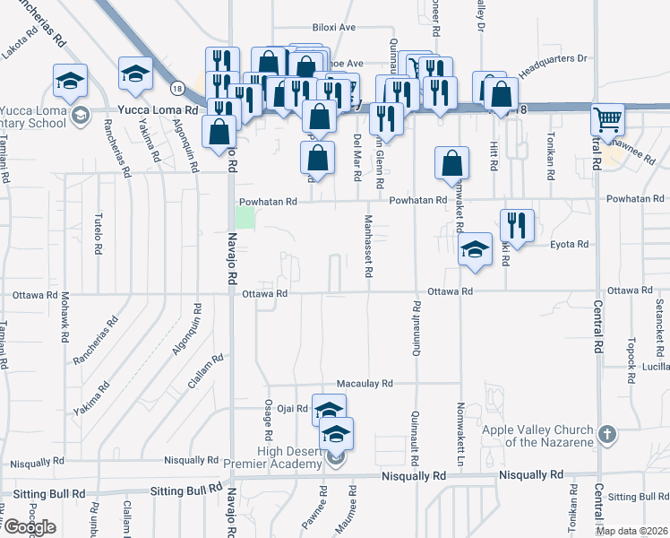 map of restaurants, bars, coffee shops, grocery stores, and more near 21922 Ottawa Road in Apple Valley