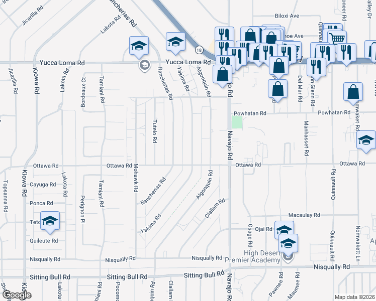 map of restaurants, bars, coffee shops, grocery stores, and more near 13360 Yakima Road in Apple Valley