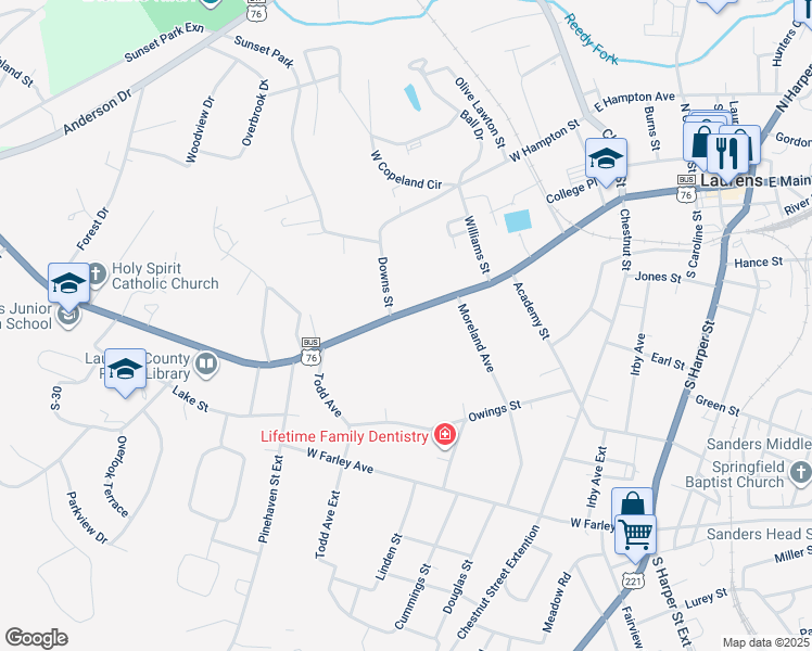 map of restaurants, bars, coffee shops, grocery stores, and more near 787 West Main Street in Laurens