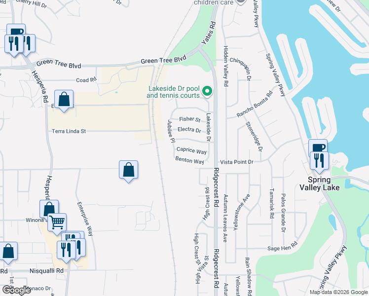 map of restaurants, bars, coffee shops, grocery stores, and more near 17557 Caprice Way in Victorville