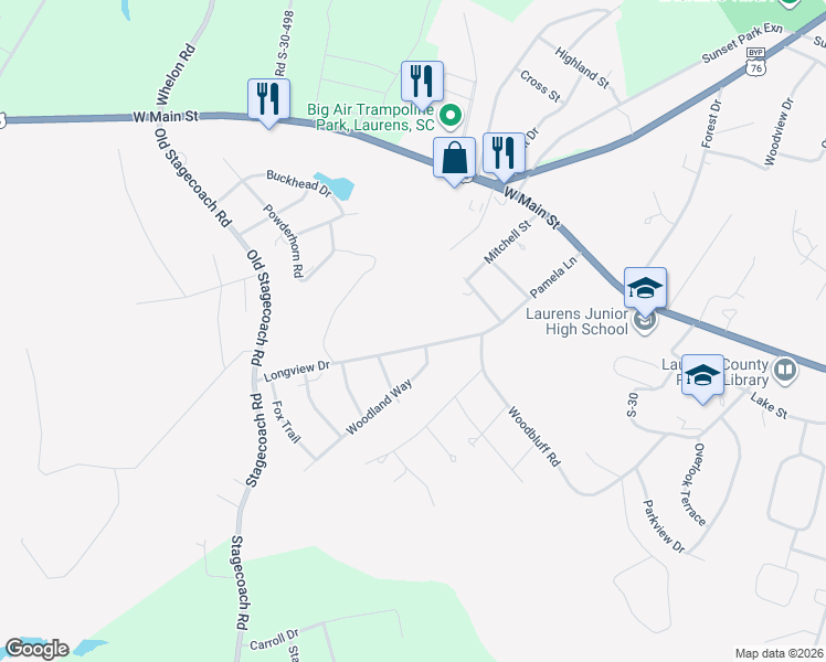 map of restaurants, bars, coffee shops, grocery stores, and more near 408 Longview Drive in Laurens
