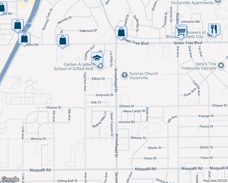 map of restaurants, bars, coffee shops, grocery stores, and more near 13382 Fawncreek Street in Victorville