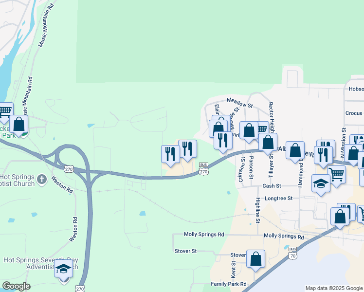 map of restaurants, bars, coffee shops, grocery stores, and more near 2254 Albert Pike Road in Hot Springs