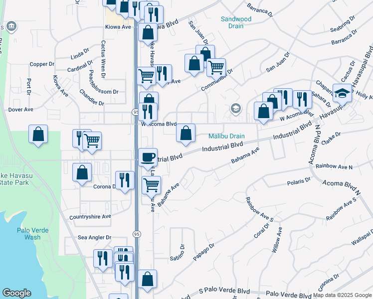 map of restaurants, bars, coffee shops, grocery stores, and more near 1831 Industrial Boulevard in Lake Havasu City