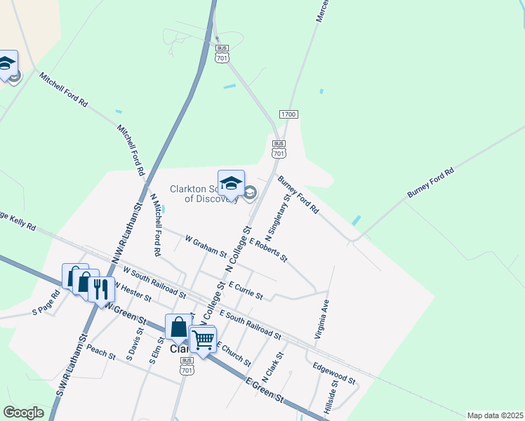 map of restaurants, bars, coffee shops, grocery stores, and more near 9957 North College Street in Clarkton