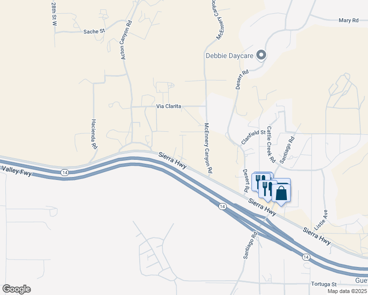 map of restaurants, bars, coffee shops, grocery stores, and more near 2501 Sierra Highway in Acton