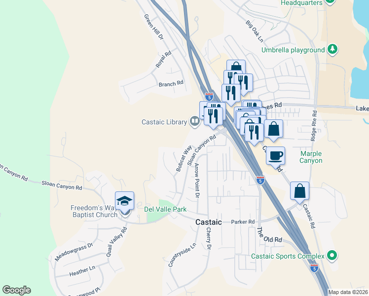 map of restaurants, bars, coffee shops, grocery stores, and more near 31679 Bobcat Way in Castaic