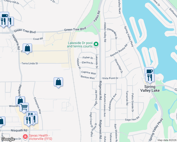 map of restaurants, bars, coffee shops, grocery stores, and more near 17633 Caprice Way in Victorville