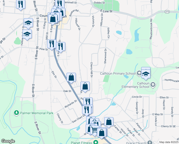map of restaurants, bars, coffee shops, grocery stores, and more near 303 Cherry Hill Drive in Calhoun