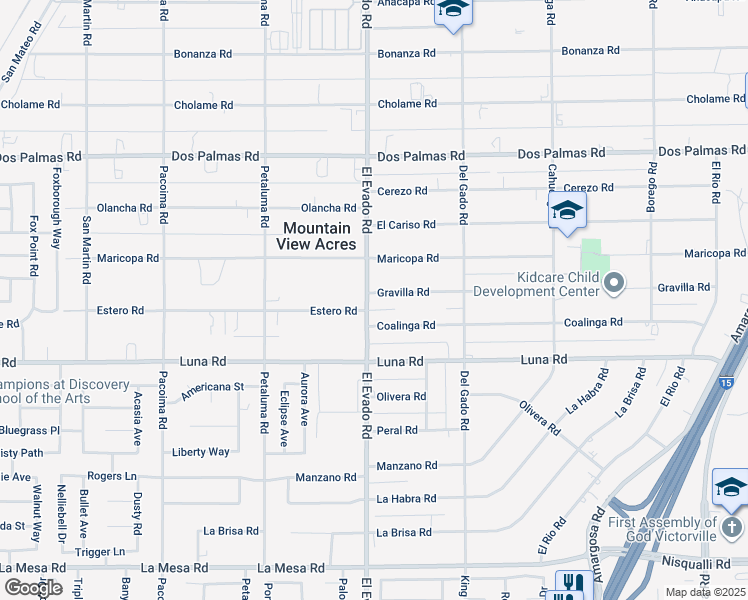 map of restaurants, bars, coffee shops, grocery stores, and more near 14511 Gravilla Road in Victorville