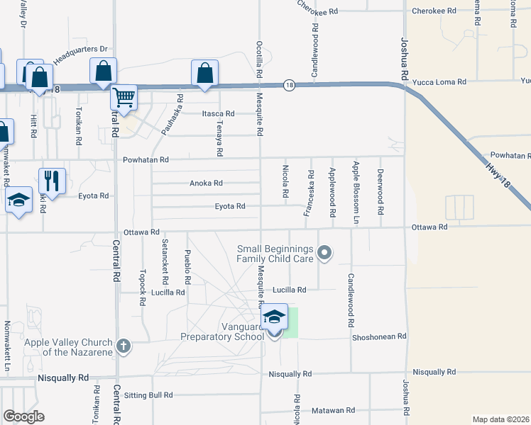 map of restaurants, bars, coffee shops, grocery stores, and more near 22908 Ottawa Road in Apple Valley