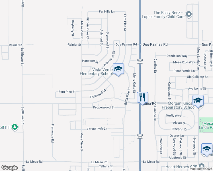 map of restaurants, bars, coffee shops, grocery stores, and more near 11880 Trailwood Street in Victorville