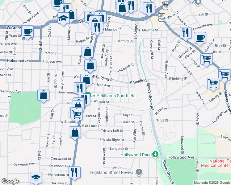 map of restaurants, bars, coffee shops, grocery stores, and more near 204 Cherokee Street in Hot Springs