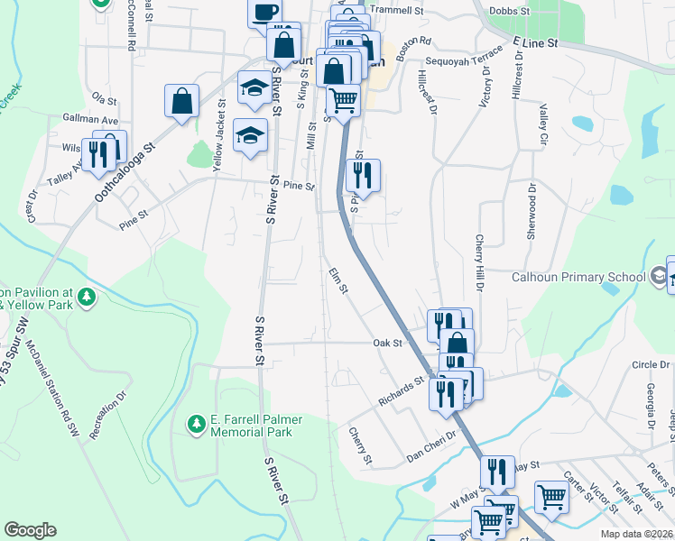 map of restaurants, bars, coffee shops, grocery stores, and more near 436 Elm Street in Calhoun