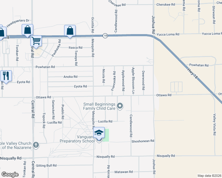 map of restaurants, bars, coffee shops, grocery stores, and more near 22968 Ottawa Road in Apple Valley