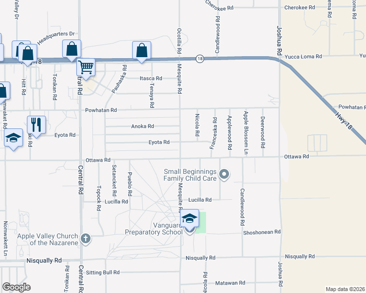 map of restaurants, bars, coffee shops, grocery stores, and more near 22908 Ottawa Road in Apple Valley