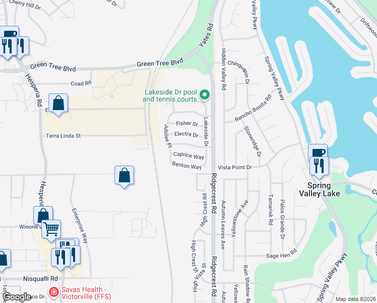 map of restaurants, bars, coffee shops, grocery stores, and more near 17633 Caprice Way in Victorville