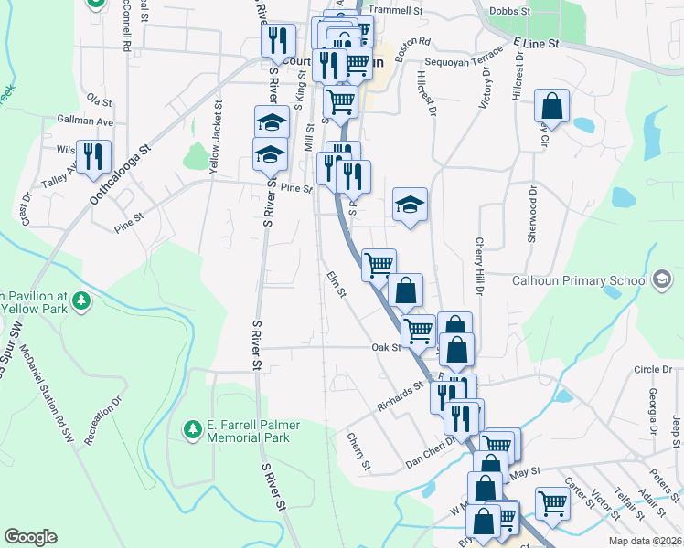 map of restaurants, bars, coffee shops, grocery stores, and more near 436 Elm Street in Calhoun