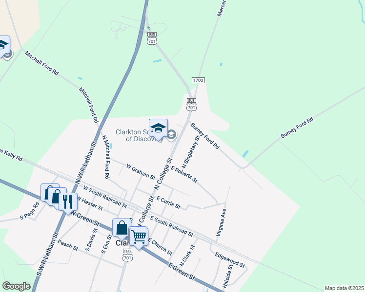 map of restaurants, bars, coffee shops, grocery stores, and more near 9957 North College Street in Clarkton