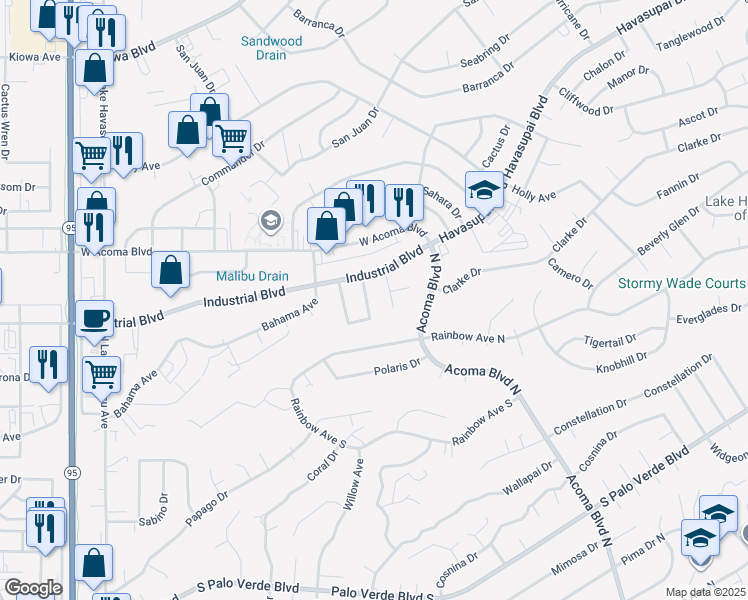 map of restaurants, bars, coffee shops, grocery stores, and more near 611 Roamer Lane in Lake Havasu City