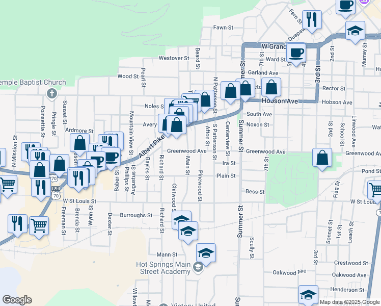 map of restaurants, bars, coffee shops, grocery stores, and more near 1425 Greenwood Avenue in Hot Springs