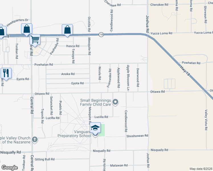 map of restaurants, bars, coffee shops, grocery stores, and more near 22968 Ottawa Road in Apple Valley
